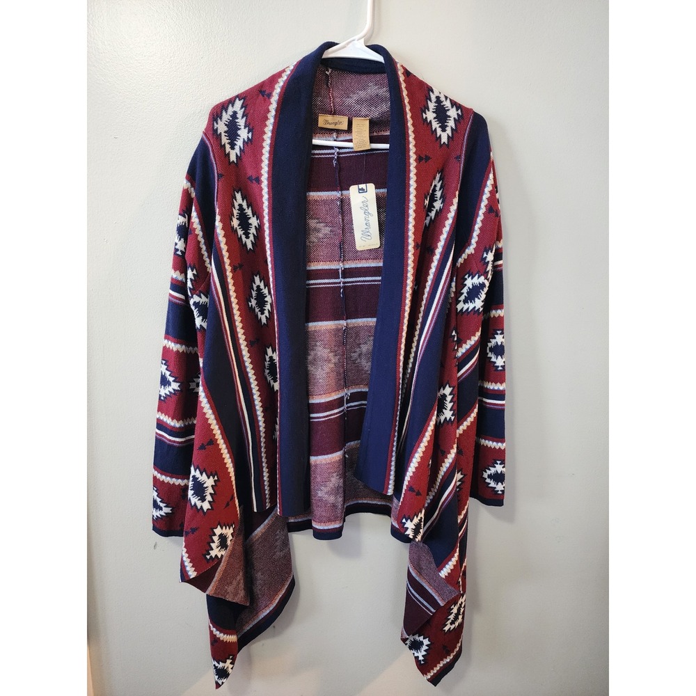 Wrangler Southwestern Open Front Cardigan Burgundy Navy Blue Size Large